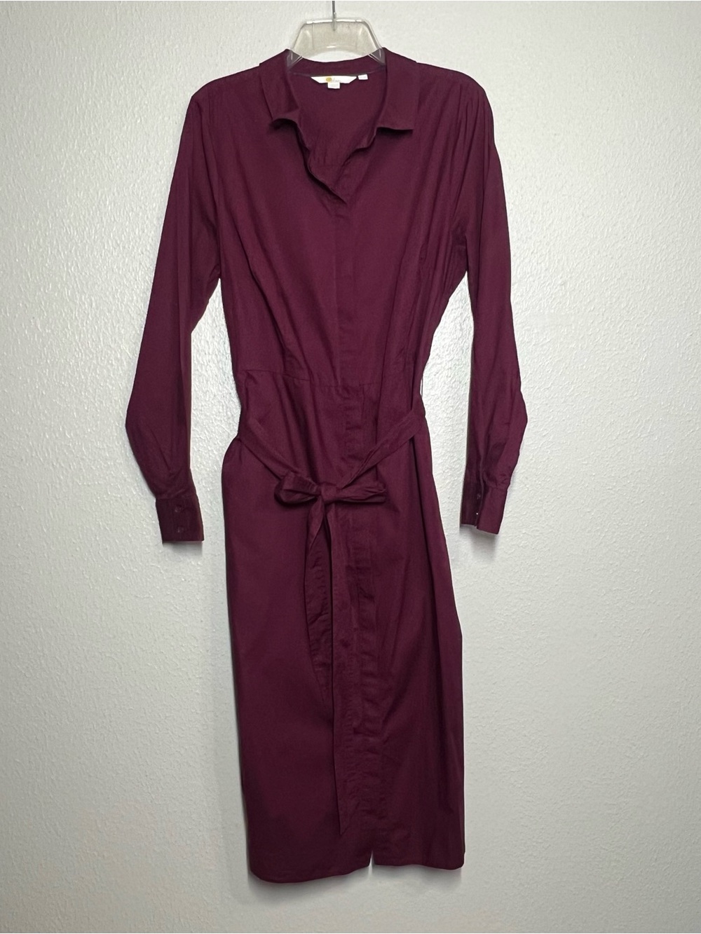 BODEN Button Up Shirt Dress Belted Womens Size US 14 R Maroon Long Sleeve